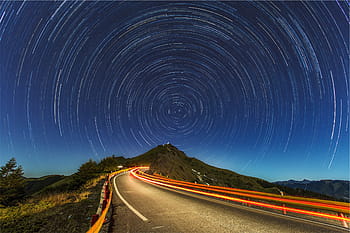 časosběrné fotografie, beton, silnice, časová prodleva, fotografování, hora, hory, noc, večer, nebe, světla