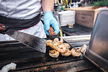 chef grilling shrimps, Chef, grilling, shrimps, barbeque, cooking, hands, outside, process, barbecue Grill, food