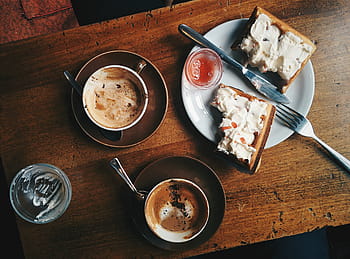 vafle, cappuccino, reykjavik, kavárna, káva, dřevo, jídlo, deska, stůl, snídaně, jídlo a pití