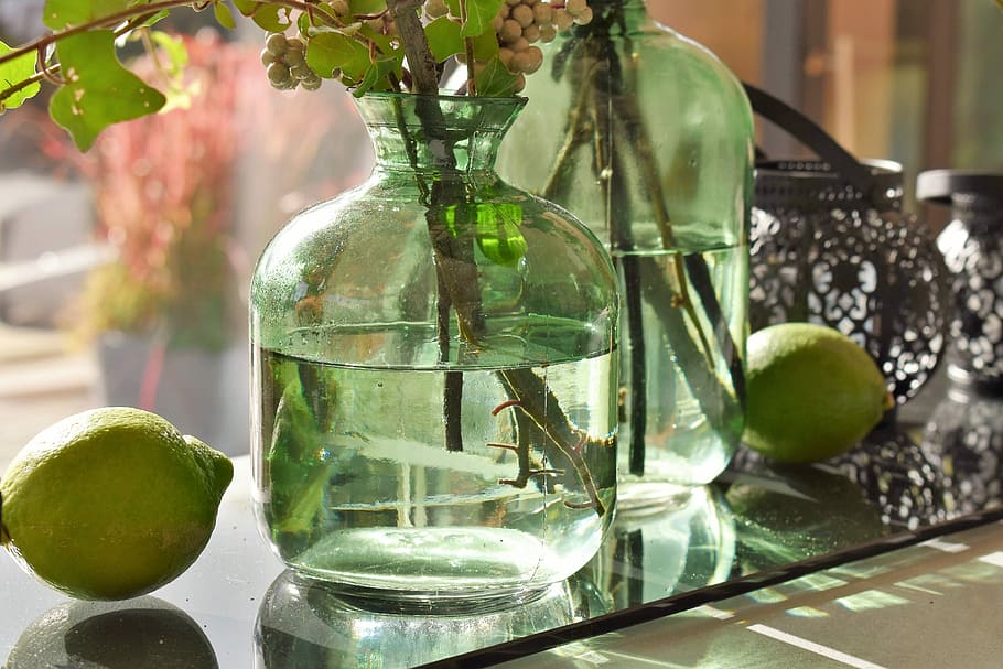 Deco, Decoration, Table, table decorations, vases, fruits, flowers, ivy, decorative, glass, green color