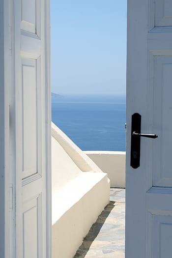 mírně, otevřeno, bílý, dveře, s výhledem, tělo, voda, vstup, moře, santorini, architektura