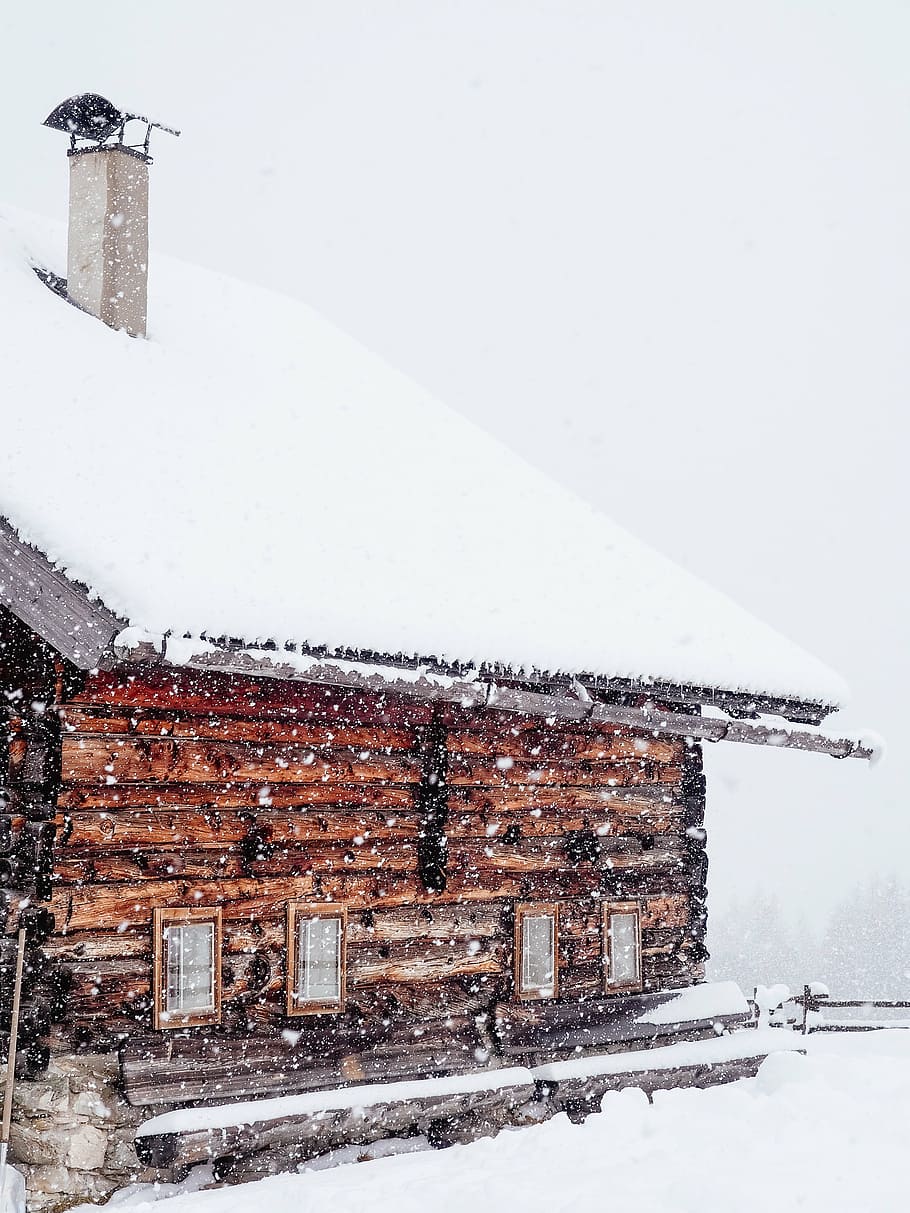 hnědý, dřevěný, Dům, pokryté, sníh, architektura, zimní, Studený, počasí, střecha, komín