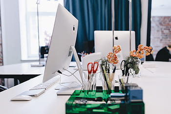 móveis, limpar, escritório, espaço comercial, loft, Apple iMac, computadores, espaço de trabalho, local de trabalho, parede de tijolos, tijolos