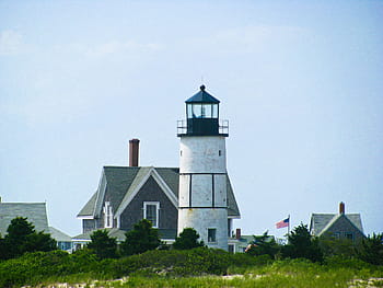 faro, accanto, bandiera, Stati Uniti d'America., fotografia, bianca, giorno, case, Stati Uniti d'America, stati Uniti, camini
