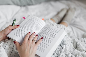 fotografia, mulher, cama, livro, xícara, café, mãos, Suave, xícara de café, branco, relaxar