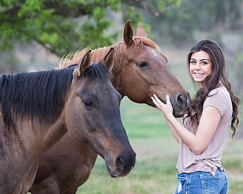 woman, holding, head, brown, horse, field, daytime, horses, girl, animal, female