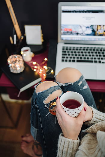 wanita minum, panas, teh, rumah kantor, Wanita, minum, kaukasia, komputer, macbook, laptop, minuman