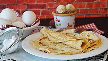 Marrone, torte calde, bianca, ceramica, piatto, Pancakes, crespo, pancake, süsspeise, uovo, latte
