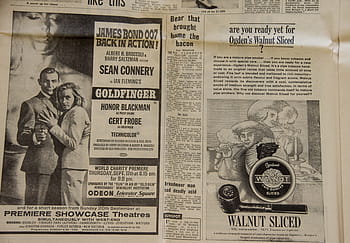 James Bond 007, voltar, artigo de jornal de ação, jornal, anúncios, anúncio, vintage, goldfinger, filme, tabaco, britânico