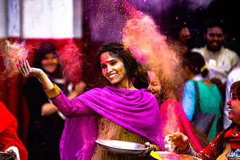 wanita, pink, gaun, menari, konser, di konser, holi, gadis, bersenang-senang, cat, bubuk