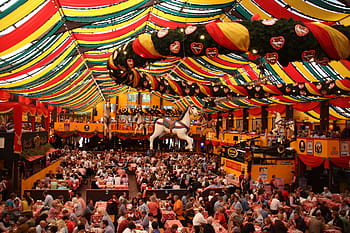 skupina, lidé, sedící, židle, člověk, oktoberfest, Mnichov, bavorské, Pozadí, stan, folklórní festival