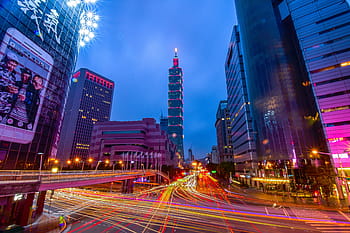 fotografia time lapse, taipei 101, Taiwan, costruzione, vista notturna, taipei taiwan, 101 edificio, binario leggero, lunga esposizione, illuminato, notte