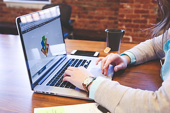 woman, using, laptop, black, ceramic, mug, macbook, pro, computer, technology, design