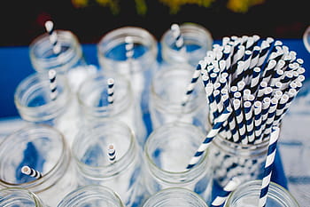 selective, focus photography, straws, placed, mason jars, straw, paper, glass, jar, drinks, beverage