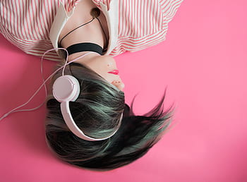 girl, music, fashion, listen, headphones, headsets, listening, model, pink, background, beauty