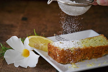 slice, cake, loaf, lemon, sugar, plate, dessert, homemade, baked, citrus, cooking
