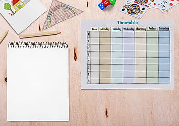 flat, lay, photography, book, organizer, timetable, paper, drawing pad, colored pencils, geodreieck, cube