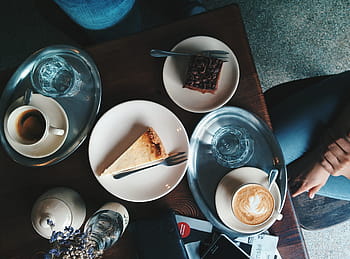 káva, dort situace, kavárna, příjemný, dort, situace, cappuccino, napít se, espresso, pohled shora, pohár