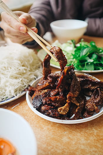 vietnamese bun cha, Eating, Vietnamese, Bun Cha, close up, eating out, hands, herbs, meat, noodles, food
