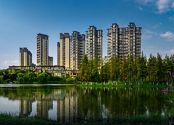 building, lake, tree, reflection, park, guizhou, guiyang, read the mountain lake wetland park