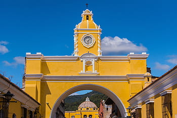 architecture, outdoors, travel, sky, city, tourism, guatemala, antigua guatemala, arc, arch of santa catalina