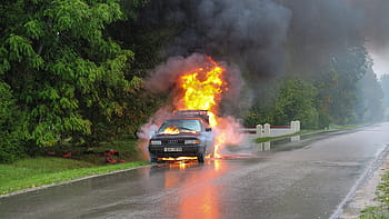 Černá, vozidlo, oheň, stromy, autonehoda, ulice, nehoda, auto, přeprava, automobil, nebezpečí