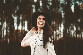 smiling, woman, wearing, white, denim jacket, selective, focus photography, people, girl, alone, hat