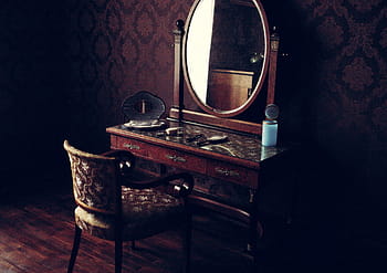 braun, hölzern, Schminktisch, Spiegel, Stuhl, Eitelkeit, Tabelle, altes Zimmer, Innere, Jahrgang, Möbel
