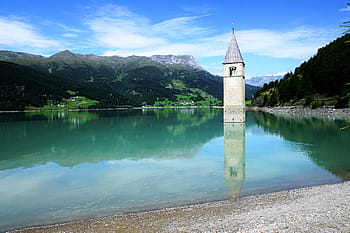 reschensee, věž, kostel, adige, jezero, Itálie, hory, voda, hledisko, idylický, romantický