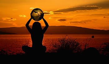 silhouette, woman, holding, globe, earth, meditation, world, relaxation, sunset, keep, yoga