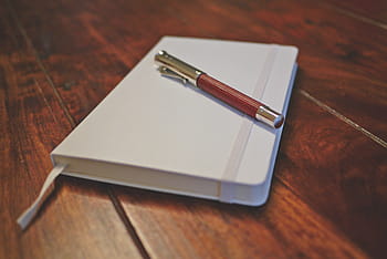 pero, bílý, plánovač, notebook, napsat, deník, dřevěný, stůl, dřevo - materiál, uvnitř, nikdo