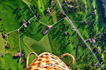 top, view, farm, green, grass, aerial, trees, plant, nature, houses, village