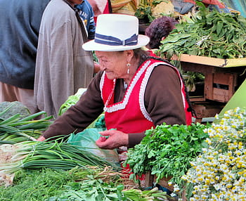 donna che vende verdura, cuenca, ecuador, mercato, contadino, Costume tradizionale