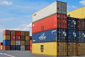 pile, cargo container, cloudy, blue, sky, daytime, blue sky, dock, container, export, cargo
