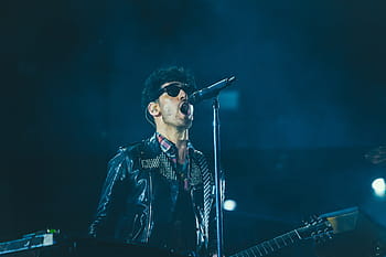 man, holding, guitar, singing, concert, singer, stage, lights, spotlight, music, band