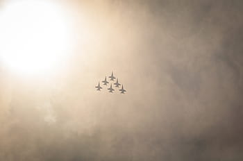 six, jet aircraft, flying, sky, formation, jets, sunny, day, clouds, sun, airplanes
