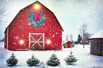 fienile, rosso, Natale, corona, azienda agricola, rurale, paesaggio, vacanza, inverno, la neve, nevoso