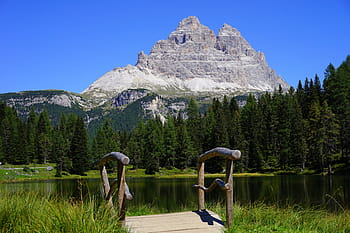 danau, pohon, biru, langit, siang hari, tiga zinnen, dolomit sesto, tyrol selatan, Italia, stok gunung, kepala timah