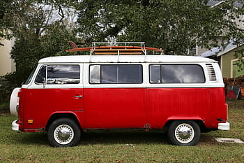 fehér, piros, kisteherautó, leparkolt, szabadtéri, volkswagen, fű, terület, árnyék, fa, autó