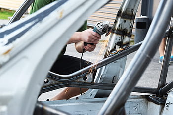 osoba, hospodářství, šedá, šňůry, úhlová bruska, broušení, automobilového průmyslu, zámečnické práce, výrobní, bruska, pracovník
