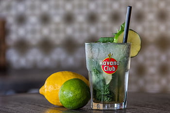 havana club drinking glass, lemon, lime, table, Mojito, Alcohol, Glass, Drink, coctail, cocktail, ice