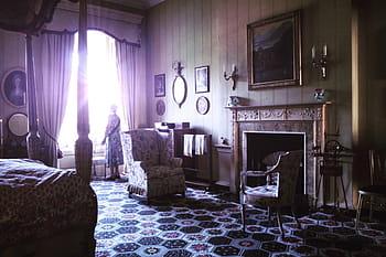 donna, in piedi, grigio, Marrone, floreale, pavimento, finestra, tenda, vicino, camera, Casa