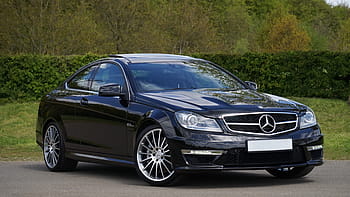 black, mercedes-benz coupe, asphalt road, bushes, mercedes-benz, car, mercedes, benz, luxury, design, transport