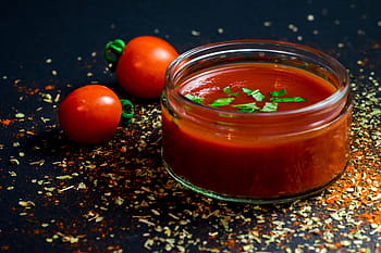 tomato sauce, glass bowl, tomato, plant, crops, fruit, red, fresh, leaves, green, juice