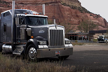 grey, semi truck, brown, mountain, daytime, big truck, tractor trailer, industry, freight, semi, vehicle