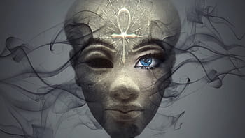 ženská tvář ilustrace, fantazie, portrét, Egypt, ankh, tvář, božstvo, oko, kámen, krása, ženský