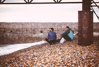 two, men, sitting, canal, man, bridge, people, rest, stones, steel, building