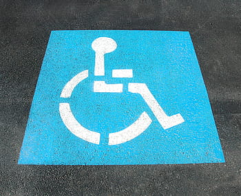 logo zdravotního postižení, parkování pro handicapované, podepsat, malované, ulice, zakázat, parkoviště, symbol, handicap, invalidní vozík, zakázáno