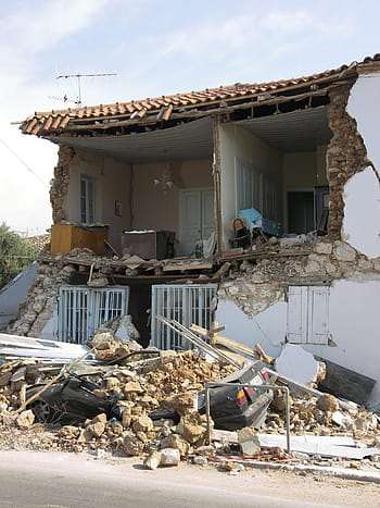 zemětřesení, poškození, peleponnes, neštěstí, zničení, opuštěný, exteriér budovy, venku, suť, nikdo