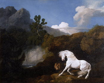 bílý, kůň, mužský, lev, tělo, voda, George Stubbs, krajina, malování, umění, umělecký
